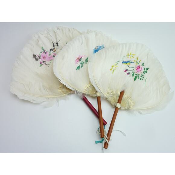 Vintage Hand Painted Feather Fans Rigid Hand Fan